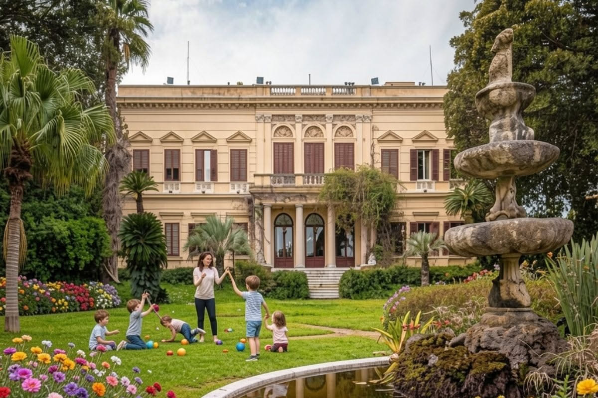 Sala da pranzo luminosa con tavolo di legno dove una donna anziana, una coppia di mezza età e due bambini cenano insieme, con finestre che affacciano su un giardino verde