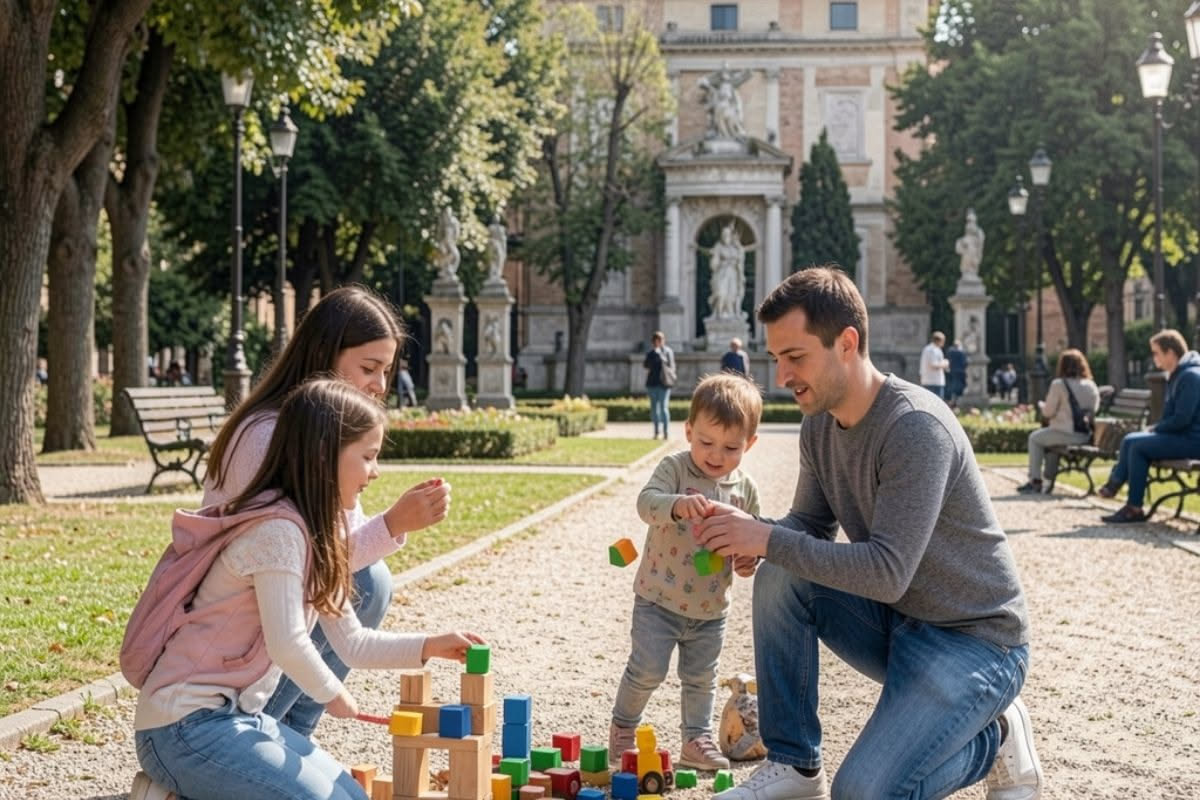 Padre che prepara la colazione ai due figli seduti al tavolo della cucina, luce naturale dal balcone, ambiente domestico ordinato e sereno